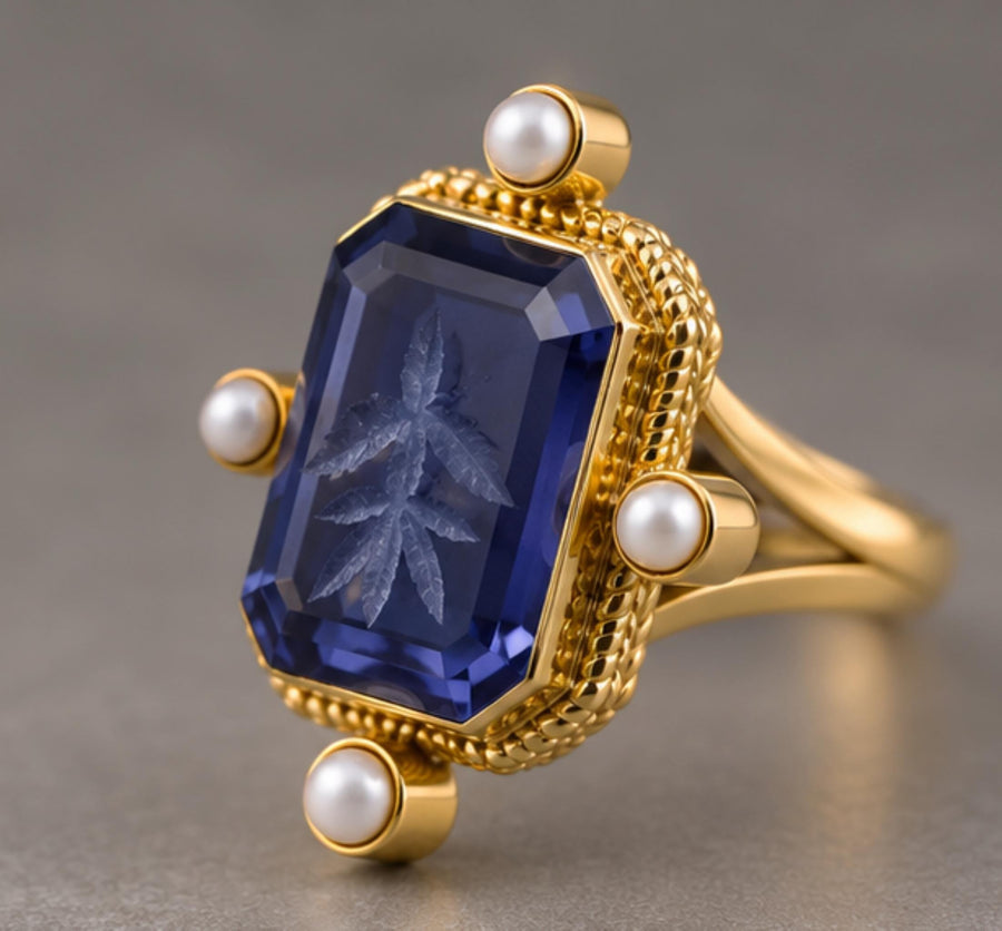 Blue intaglio statement ring with pearls