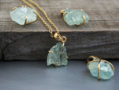 Raw Aquamarine Necklace, Natural Aquamarine Pendant