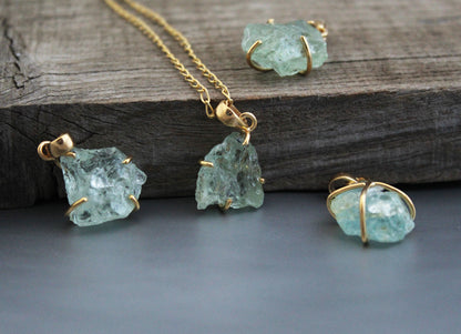 Raw Aquamarine Necklace, Natural Aquamarine Pendant