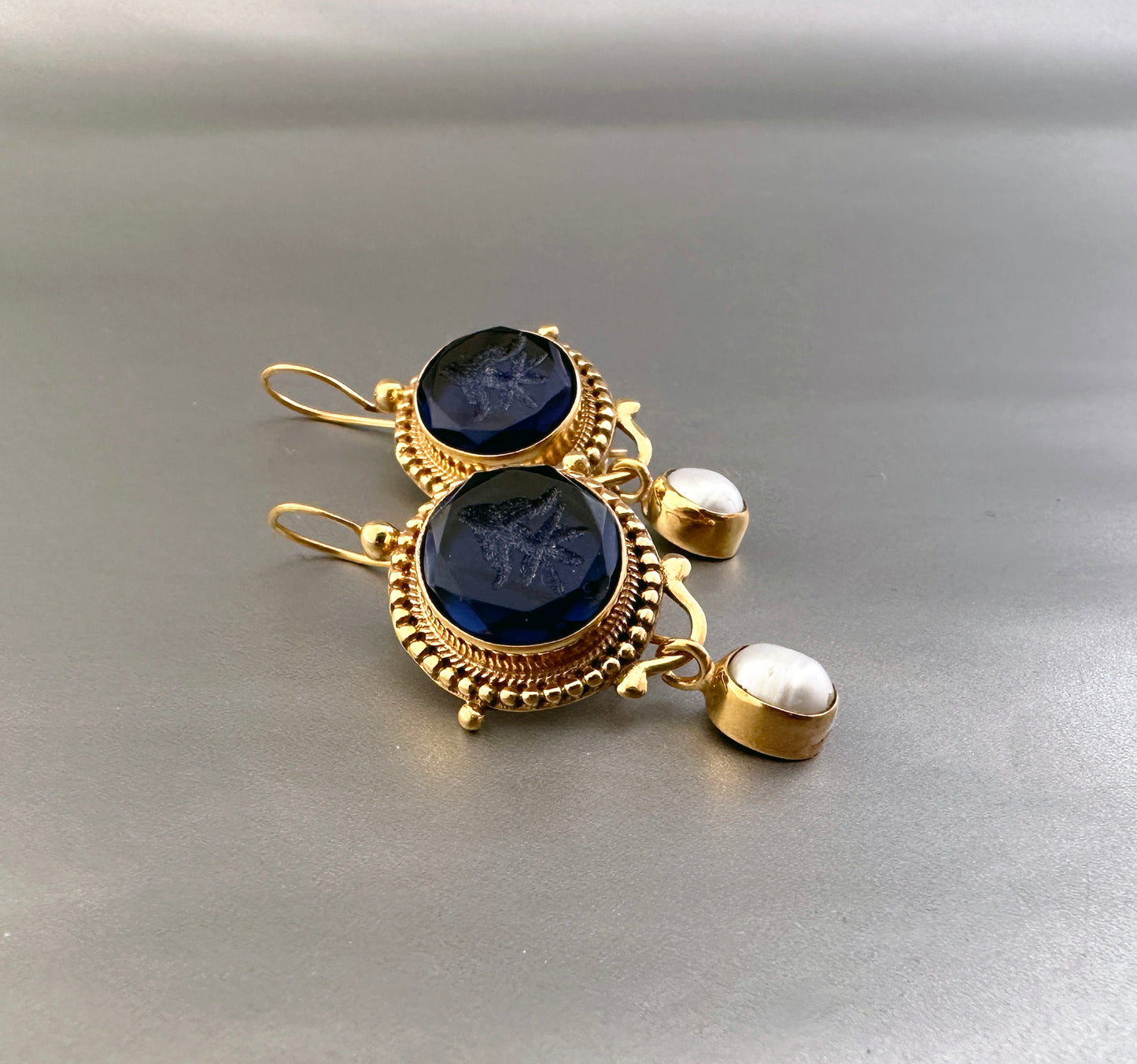 Dark Blue Small Drop Intaglio Earrings