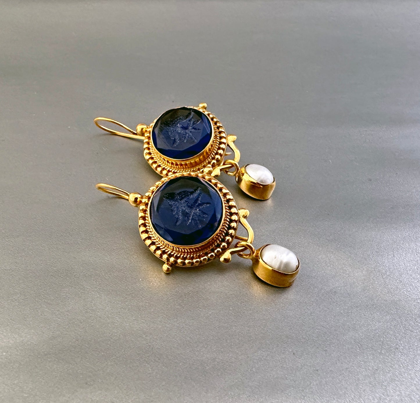 Dark Blue Small Drop Intaglio Earrings