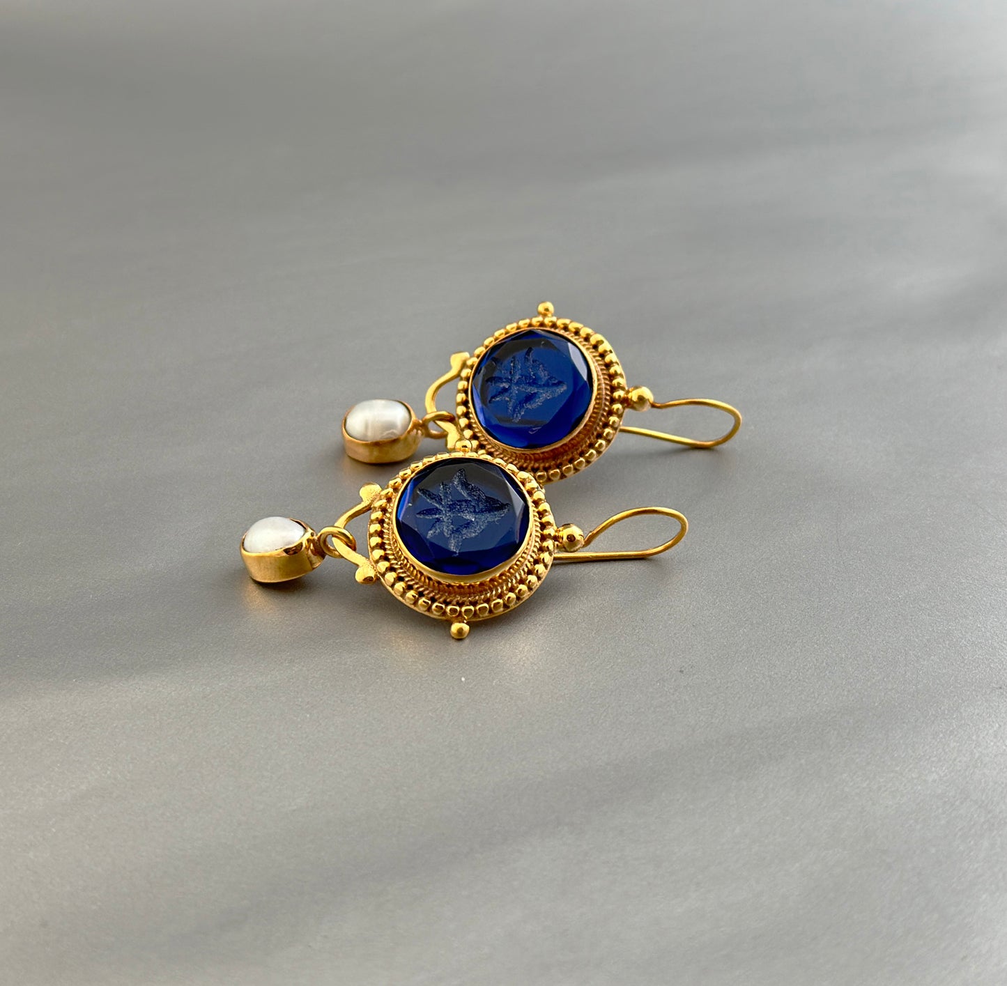 Dark Blue Small Drop Intaglio Earrings