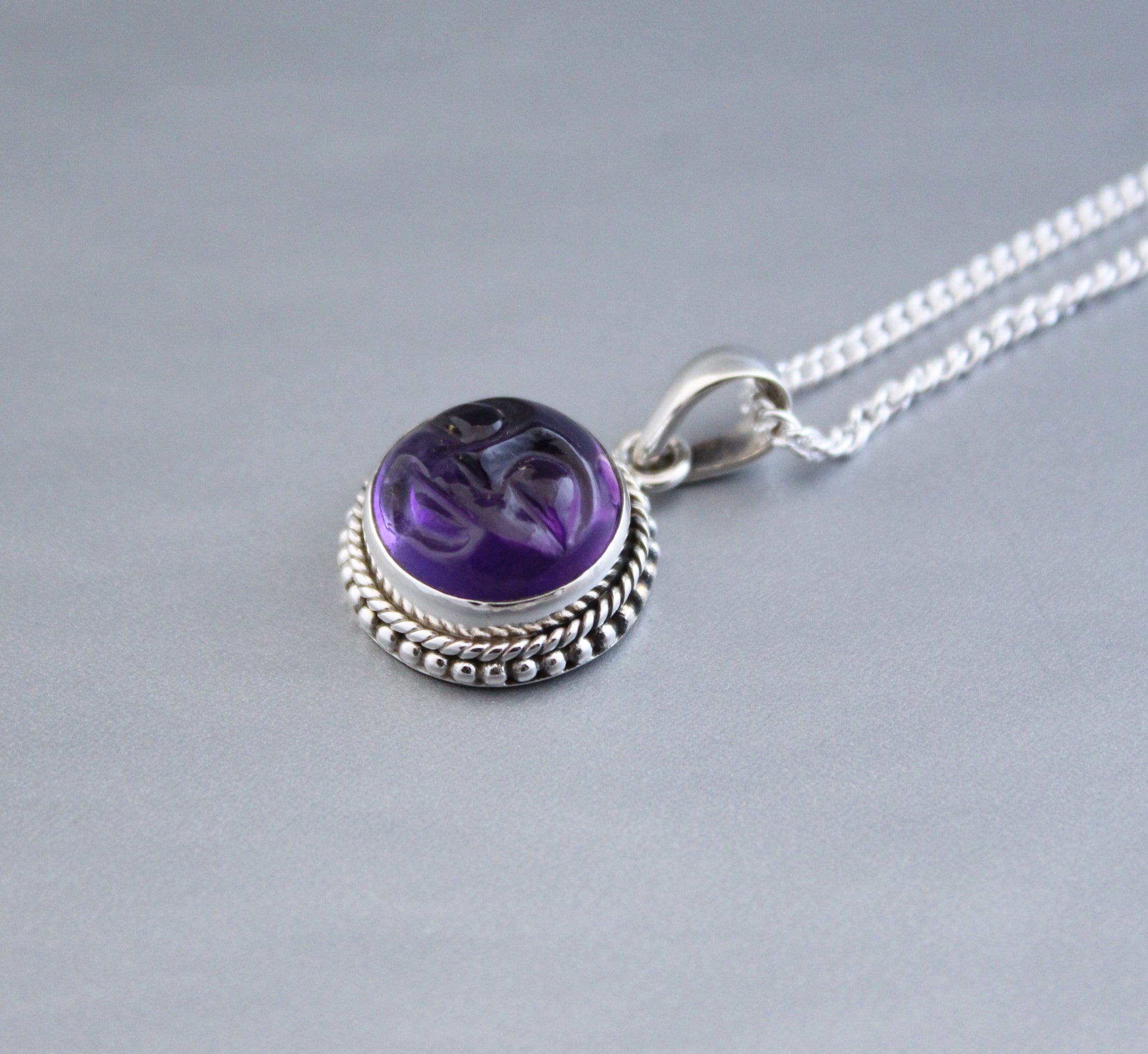 Amethyst Necklace, Moon Face Pendant