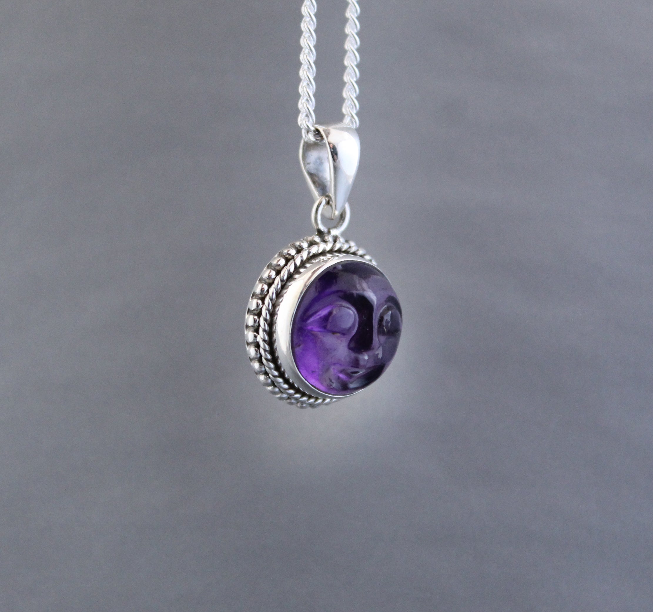 Amethyst Necklace, Moon Face Pendant