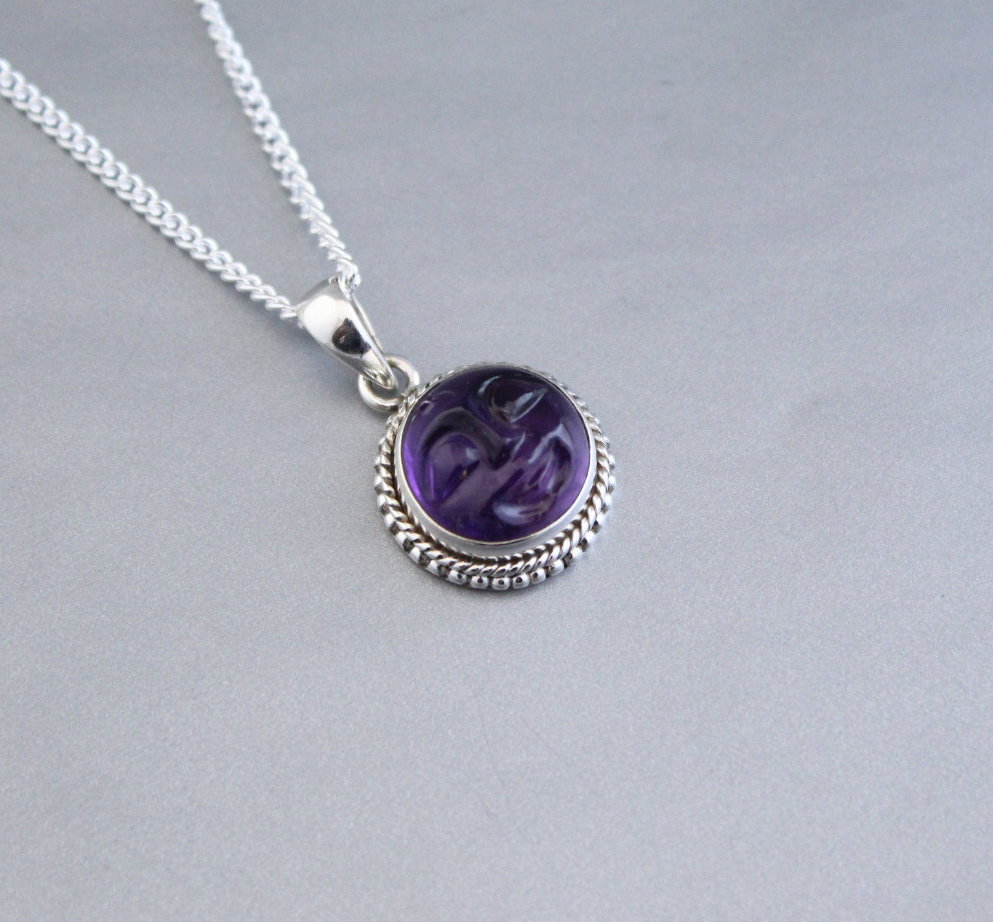 Amethyst Necklace, Moon Face Pendant