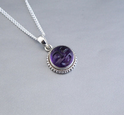 Amethyst Necklace, Moon Face Pendant