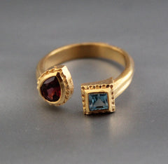 Garnet Ring, Blue topaz Ring, Dainty Gold Ring