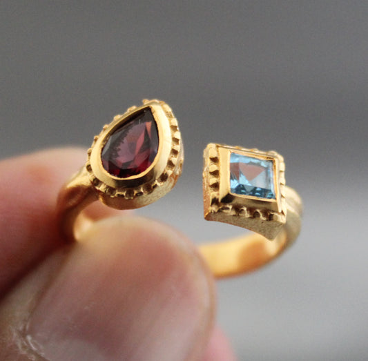 Garnet Ring, Blue topaz Ring, Dainty Gold Ring