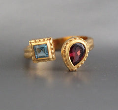 Garnet Ring, Blue topaz Ring, Dainty Gold Ring