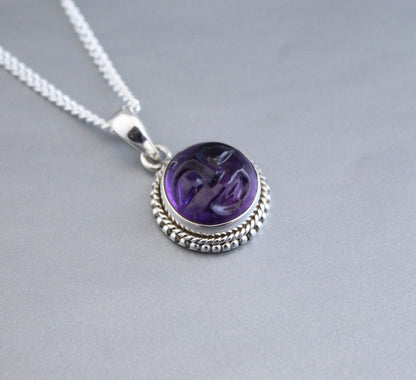 Amethyst Necklace, Moon Face Pendant