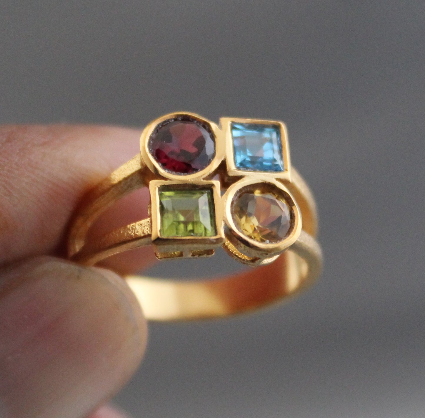 Garnet, Citrine, Peridot, Blue topaz Ring, Dainty Gold Rin