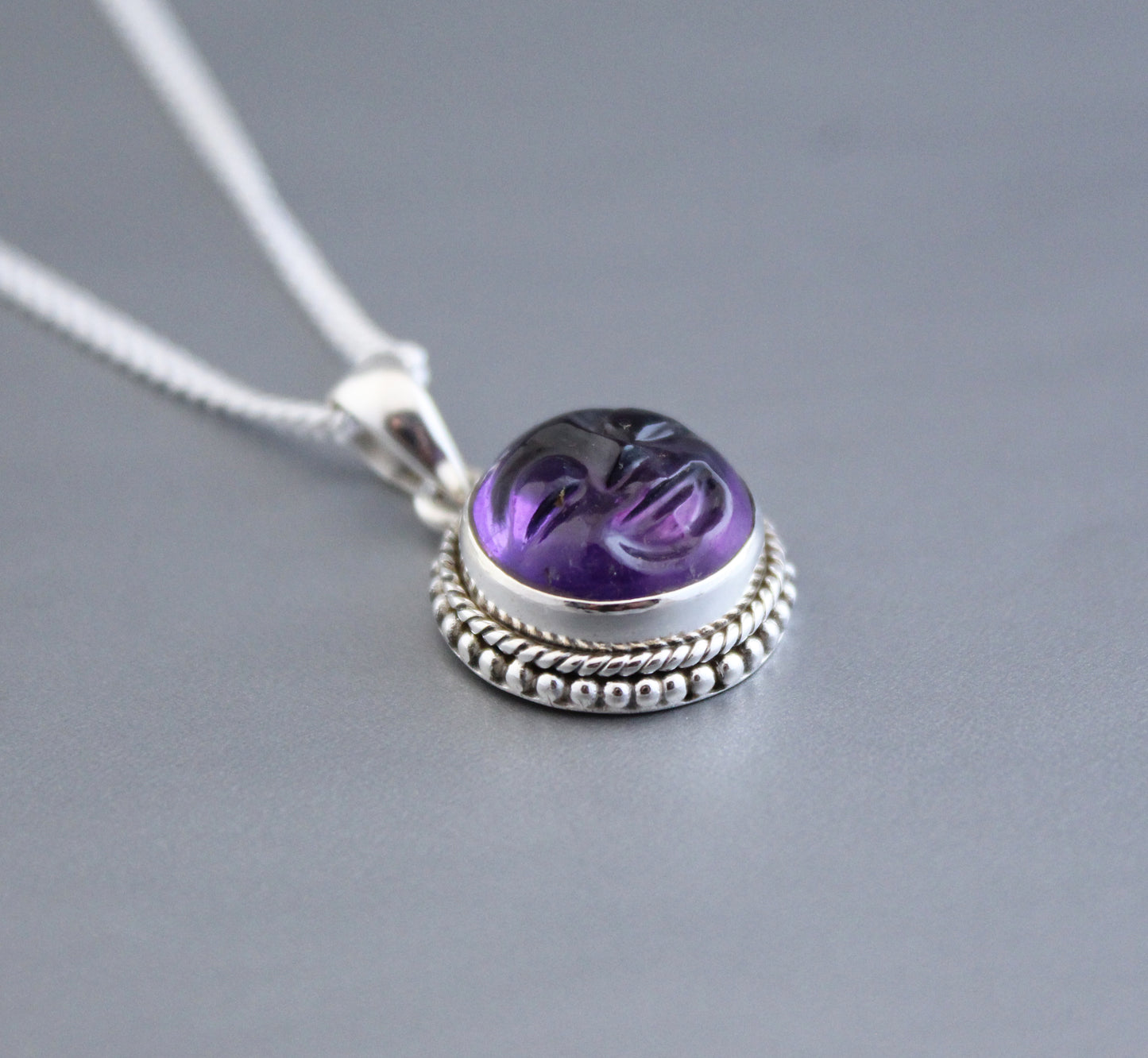 Amethyst Necklace, Moon Face Pendant