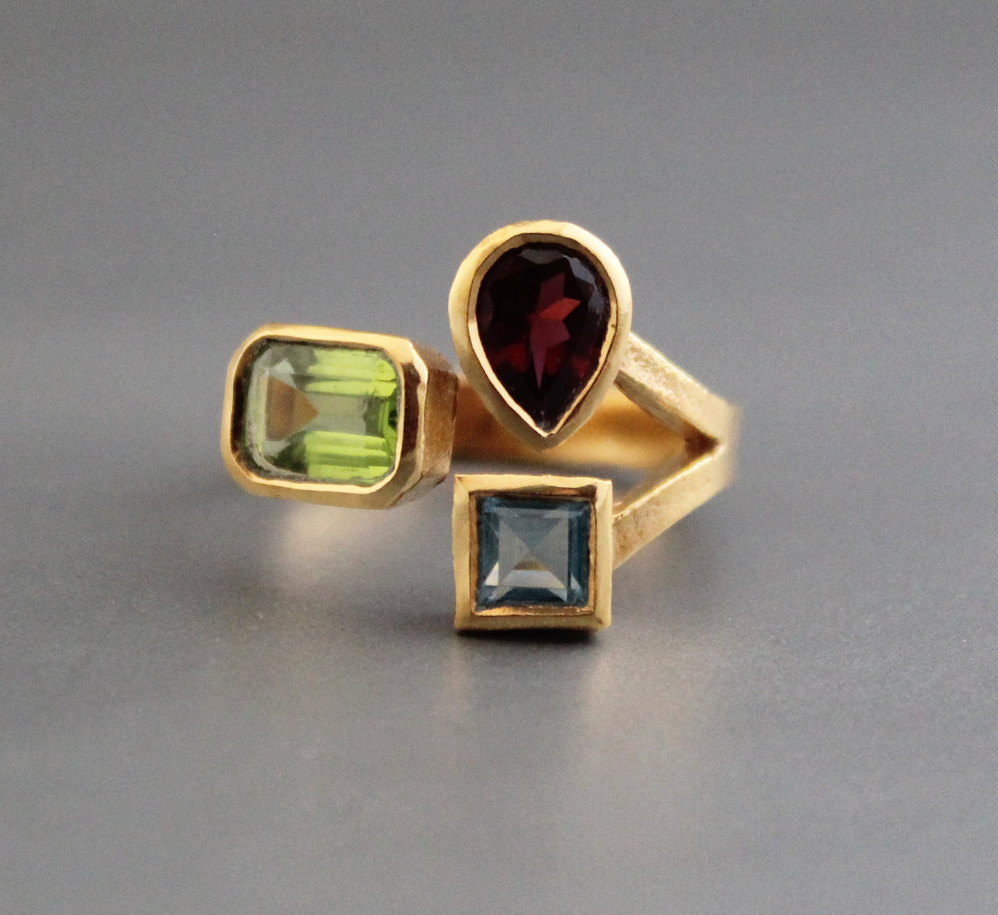 Peridot, garnet, Blue topaz Ring, Dainty Gold Rin