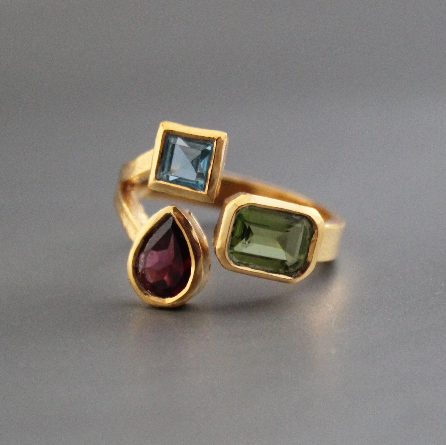 Peridot, garnet, Blue topaz Ring, Dainty Gold Rin