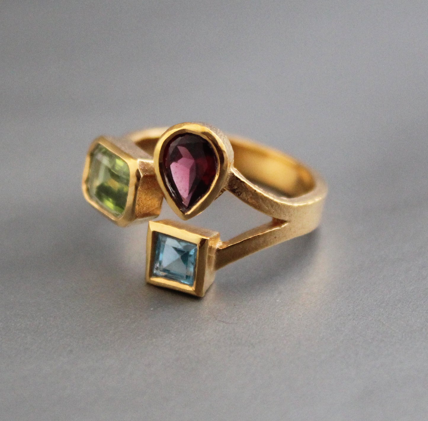 Peridot, garnet, Blue topaz Ring, Dainty Gold Rin