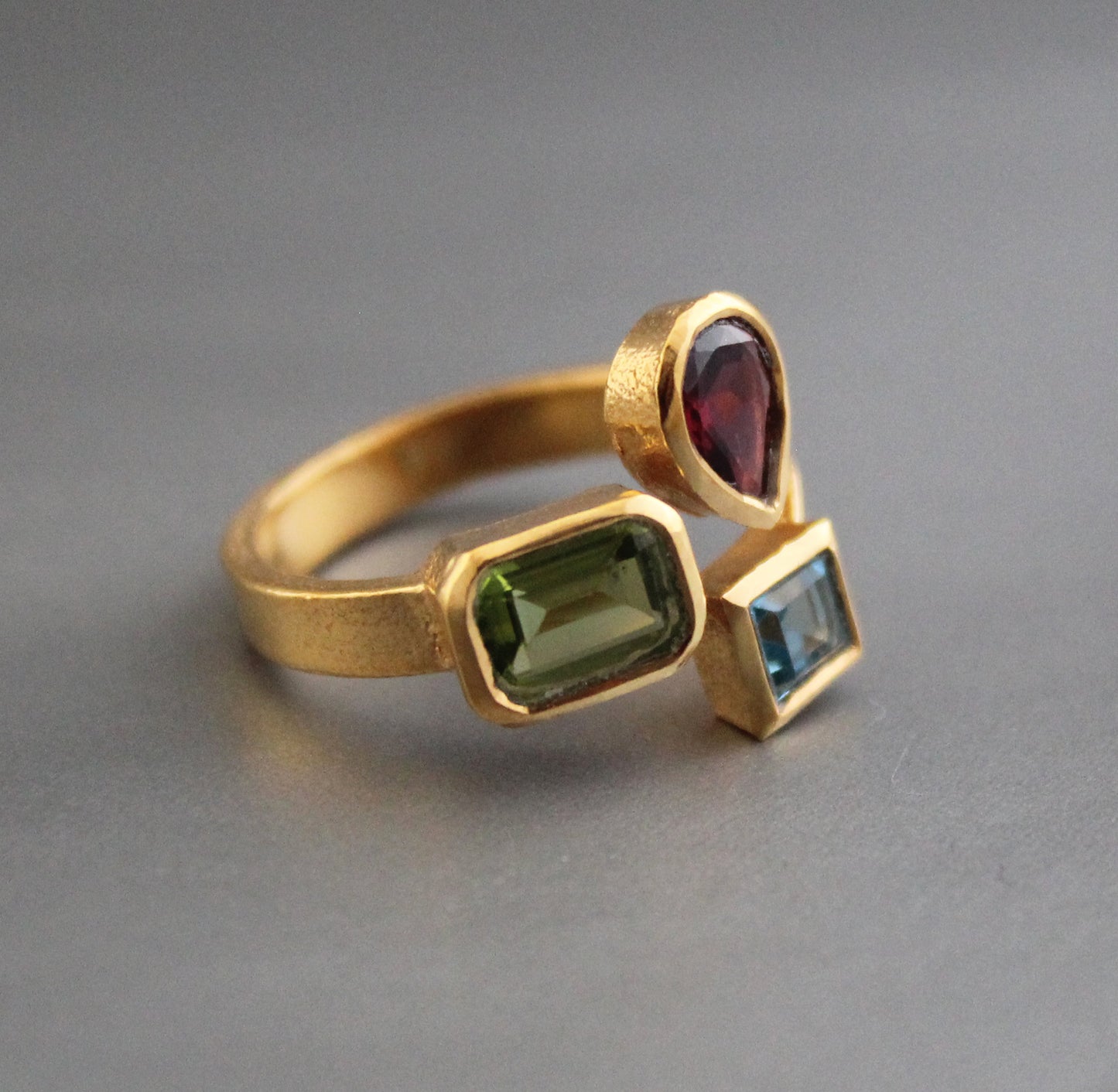 Peridot, garnet, Blue topaz Ring, Dainty Gold Rin