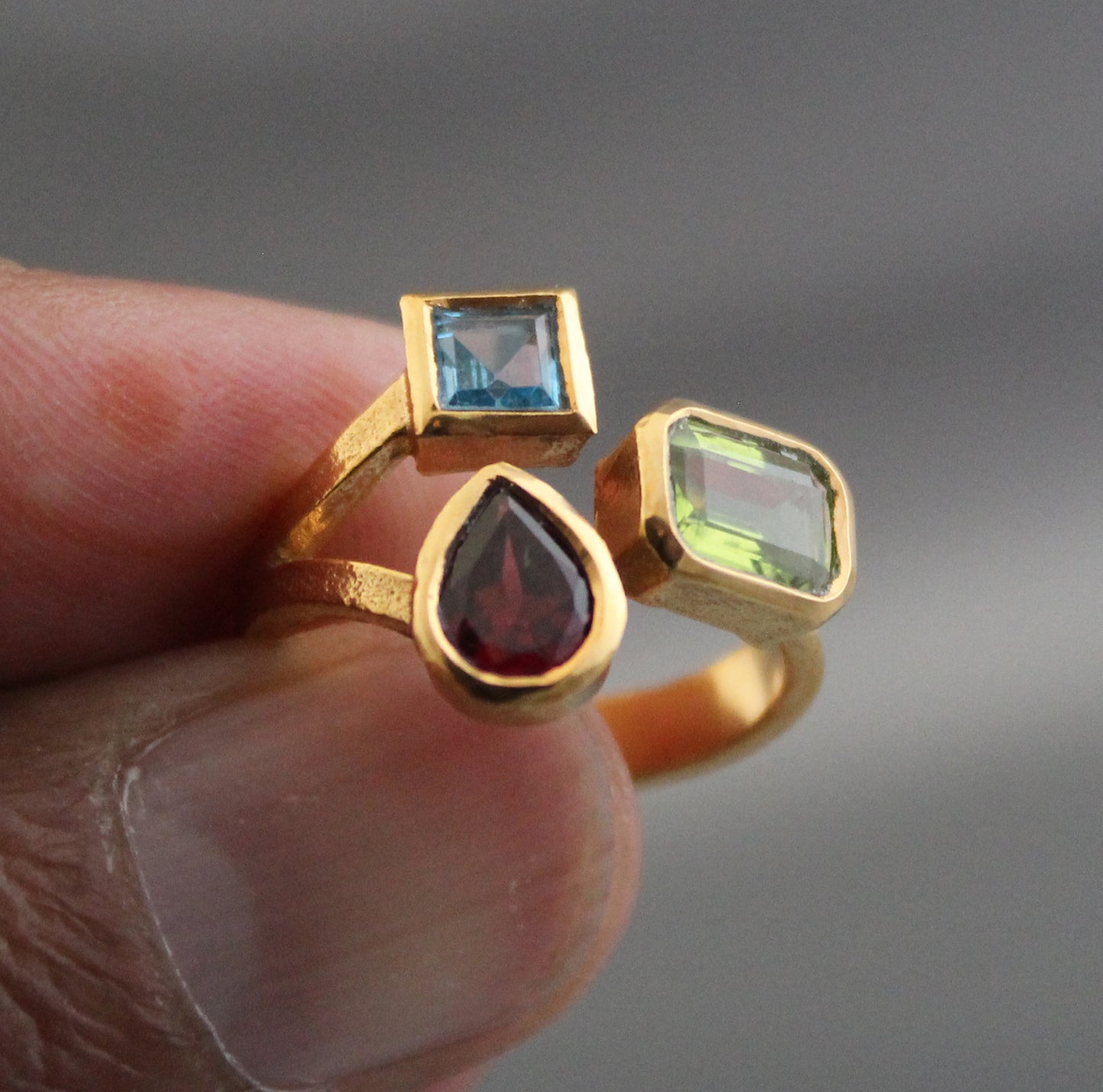 Peridot, garnet, Blue topaz Ring, Dainty Gold Rin