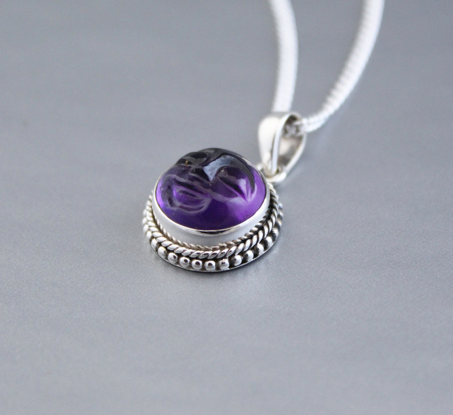 Amethyst Necklace, Moon Face Pendant