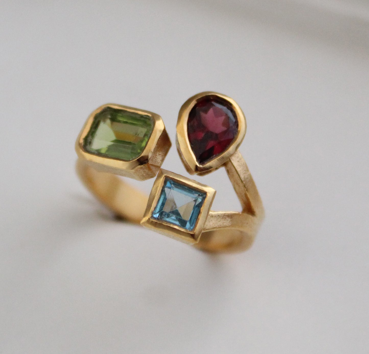 Peridot, garnet, Blue topaz Ring, Dainty Gold Rin