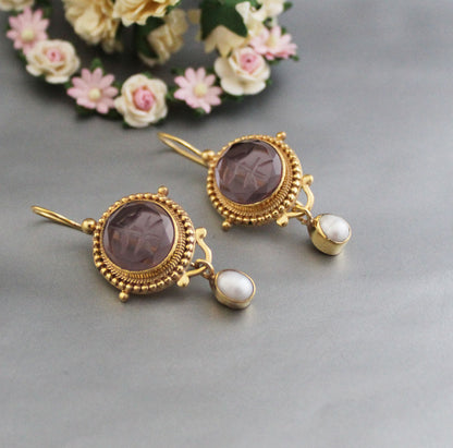 Purple Intaglio Earrings, Edwardian Earrings