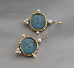 Blue Intaglio Earrings, Dainty Gold Earrings