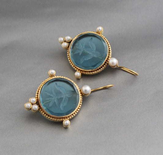 Blue Intaglio Earrings, Dainty Gold Earrings