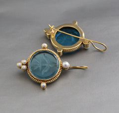 Blue Intaglio Earrings, Dainty Gold Earrings