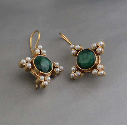 Pearl Art Deco Earrings, Emerald Earrings