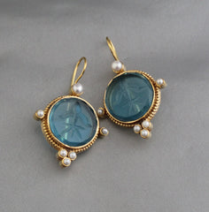 Blue Intaglio Earrings, Dainty Gold Earrings