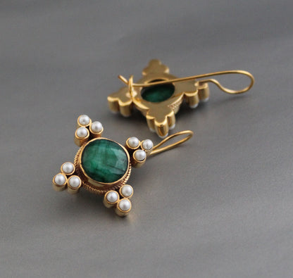 Pearl Art Deco Earrings, Emerald Earrings