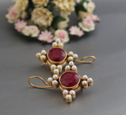 Pearl Art Deco Earrings, Ruby Earrings, Edwardian Jewelry