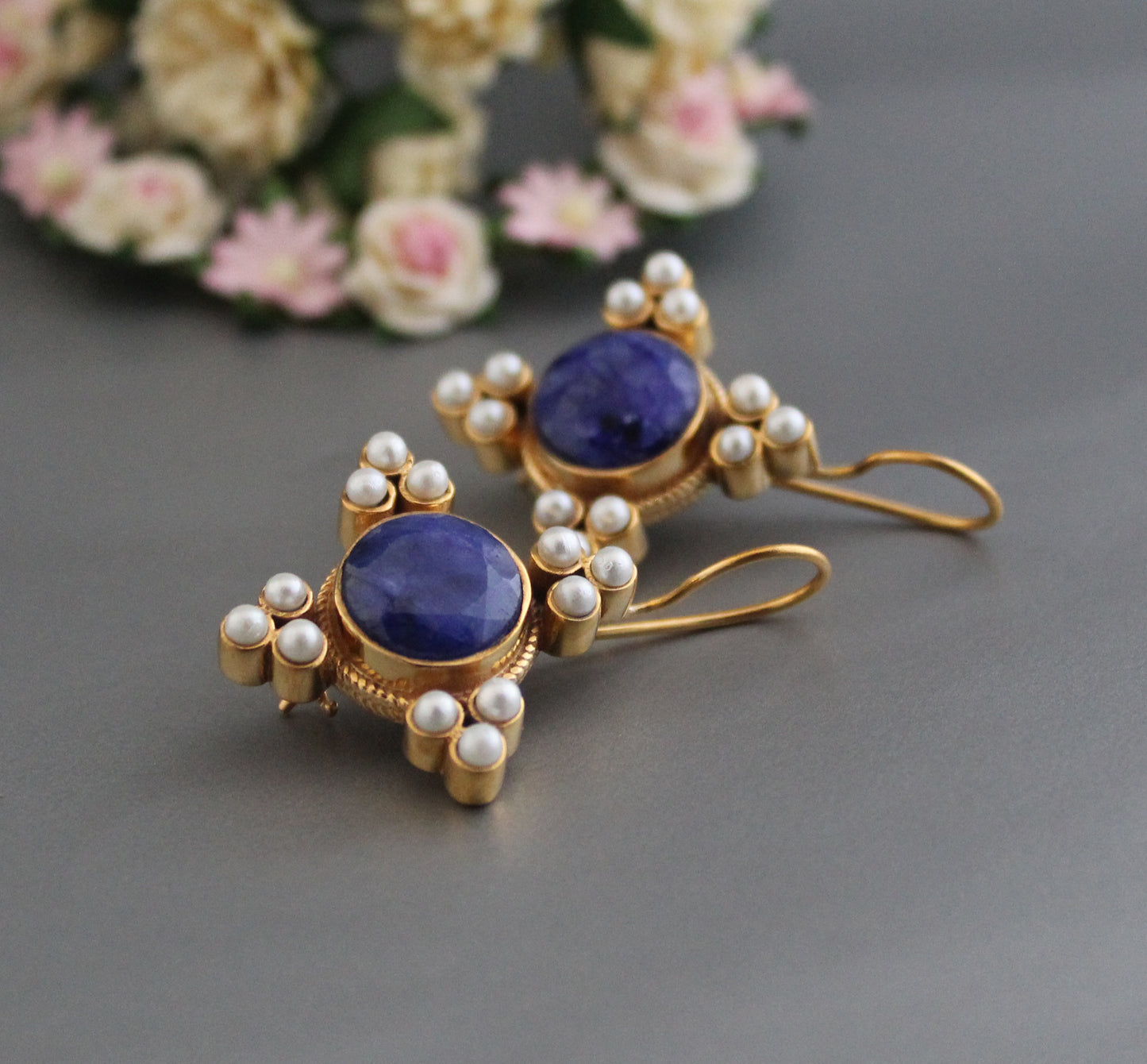 Pearl Art Deco Earrings,  Blue Sapphire Earrings