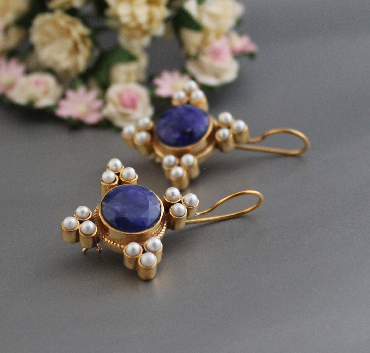 Pearl Art Deco Earrings,  Blue Sapphire Earrings