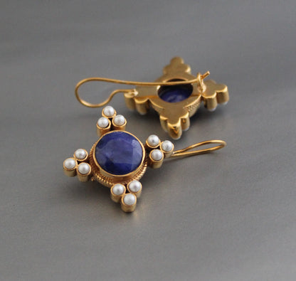 Pearl Art Deco Earrings,  Blue Sapphire Earrings