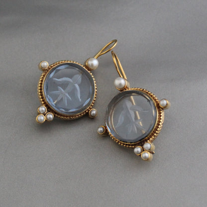 Blue Intaglio Vintage Antique Earrings