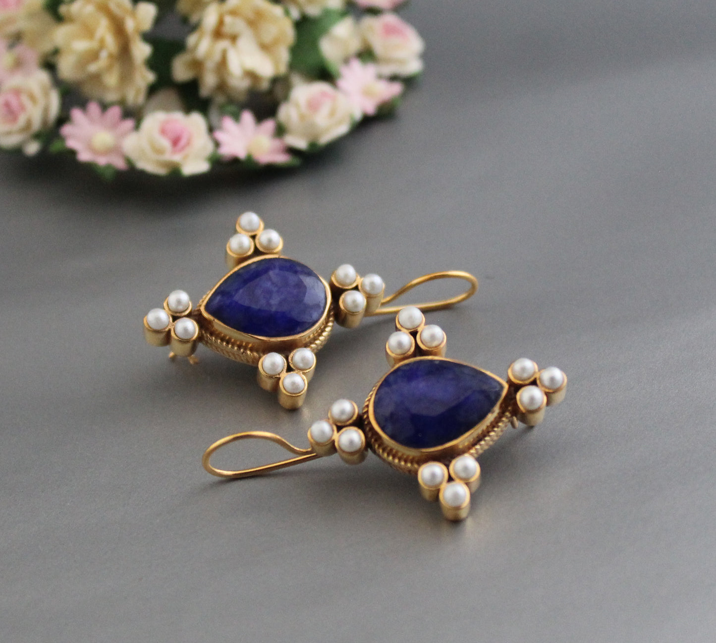 Blue Sapphire Earrings, Edwardian Pearl Jewelry