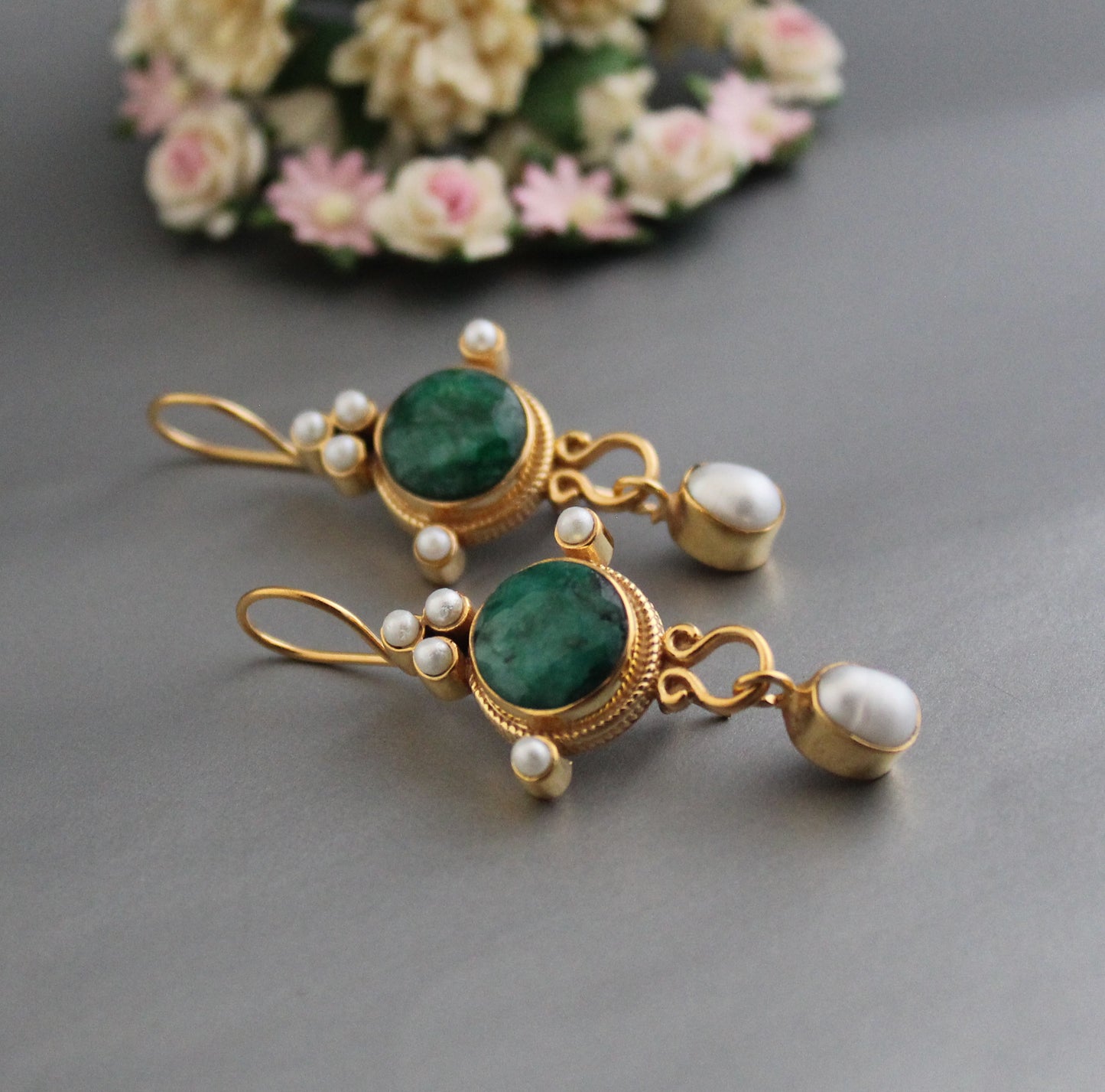 Green Earrings, Emerald Vintage Earrings, Edwardian Pearl Earring