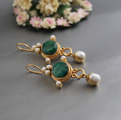 Green Earrings, Emerald Vintage Earrings, Edwardian Pearl Earring