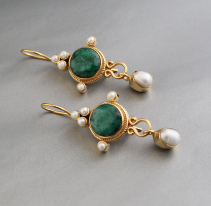 Green Earrings, Emerald Vintage Earrings, Edwardian Pearl Earring