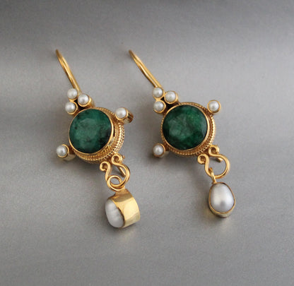 Green Earrings, Emerald Vintage Earrings, Edwardian Pearl Earring