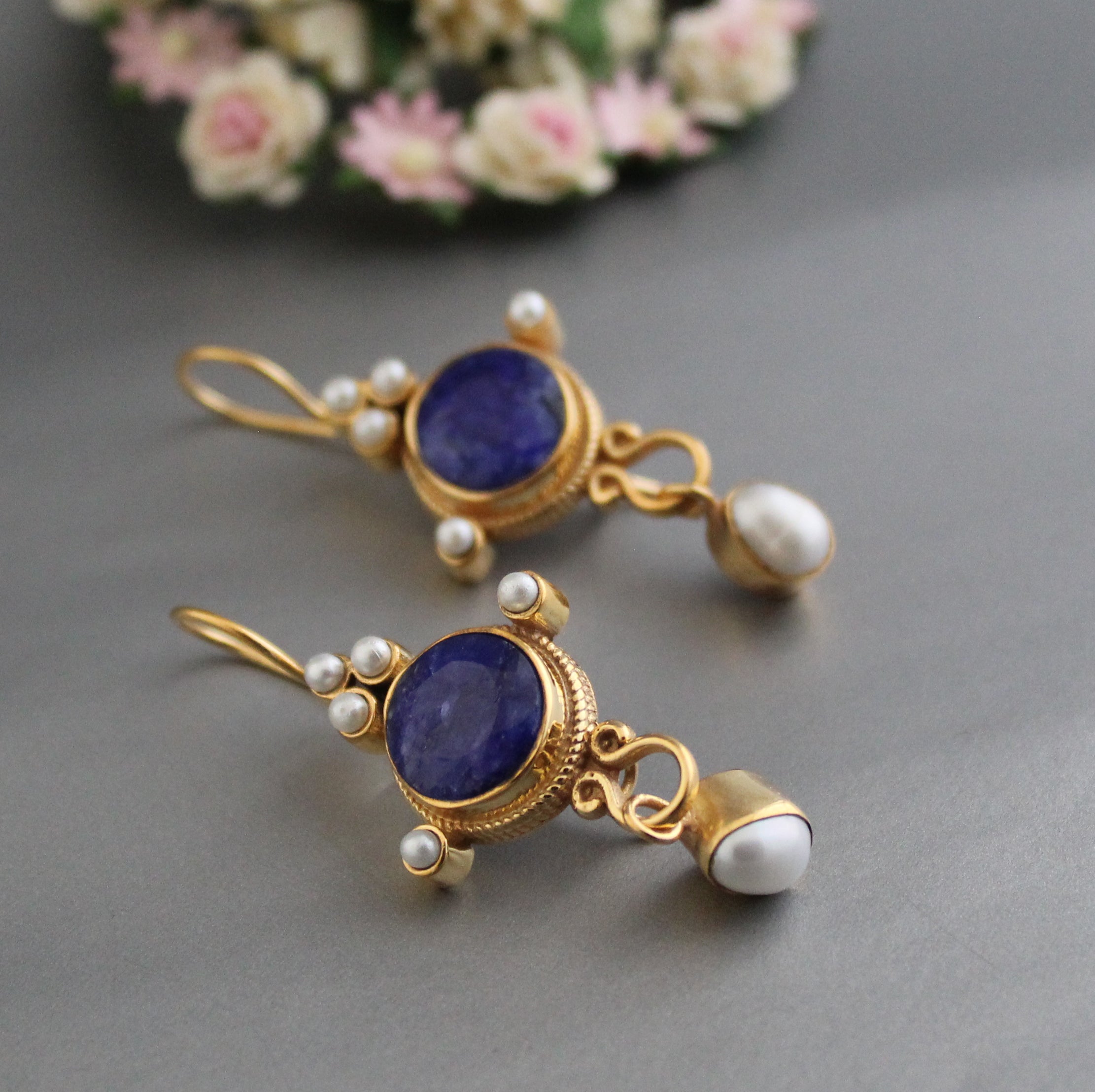 Blue Sapphire Earrings, Vintage Victorian Earrings, Edwardian Pearl Earring