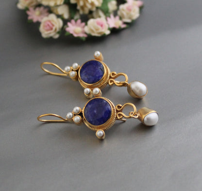 Blue Sapphire Earrings, Vintage Victorian Earrings, Edwardian Pearl Earring