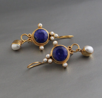 Blue Sapphire Earrings, Vintage Victorian Earrings, Edwardian Pearl Earring