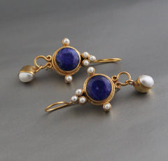 Blue Sapphire Earrings, Vintage Victorian Earrings, Edwardian Pearl Earring