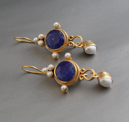 Blue Sapphire Earrings, Vintage Victorian Earrings, Edwardian Pearl Earring