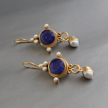 Blue Sapphire Earrings, Vintage Victorian Earrings, Edwardian Pearl Earring