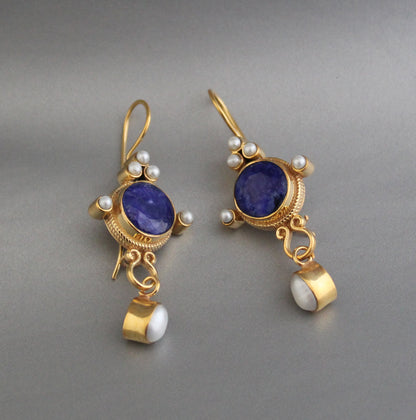 Blue Sapphire Earrings, Vintage Victorian Earrings, Edwardian Pearl Earring