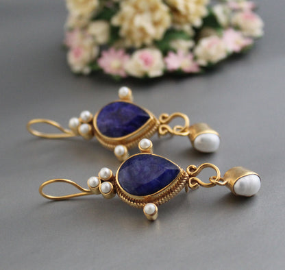 Blue Earrings, Sapphire Vintage Earrings, Edwardian Pearl Earring