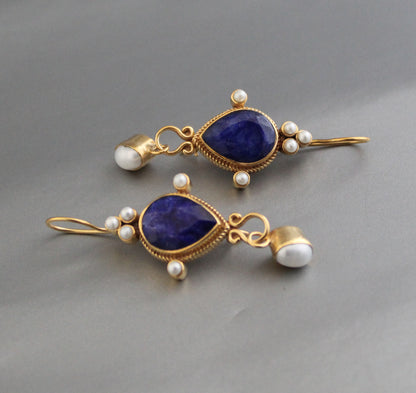 Blue Earrings, Sapphire Vintage Earrings, Edwardian Pearl Earring