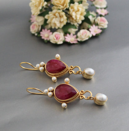 Red Earrings, Ruby Vintage Earrings, Edwardian Pearl Earring